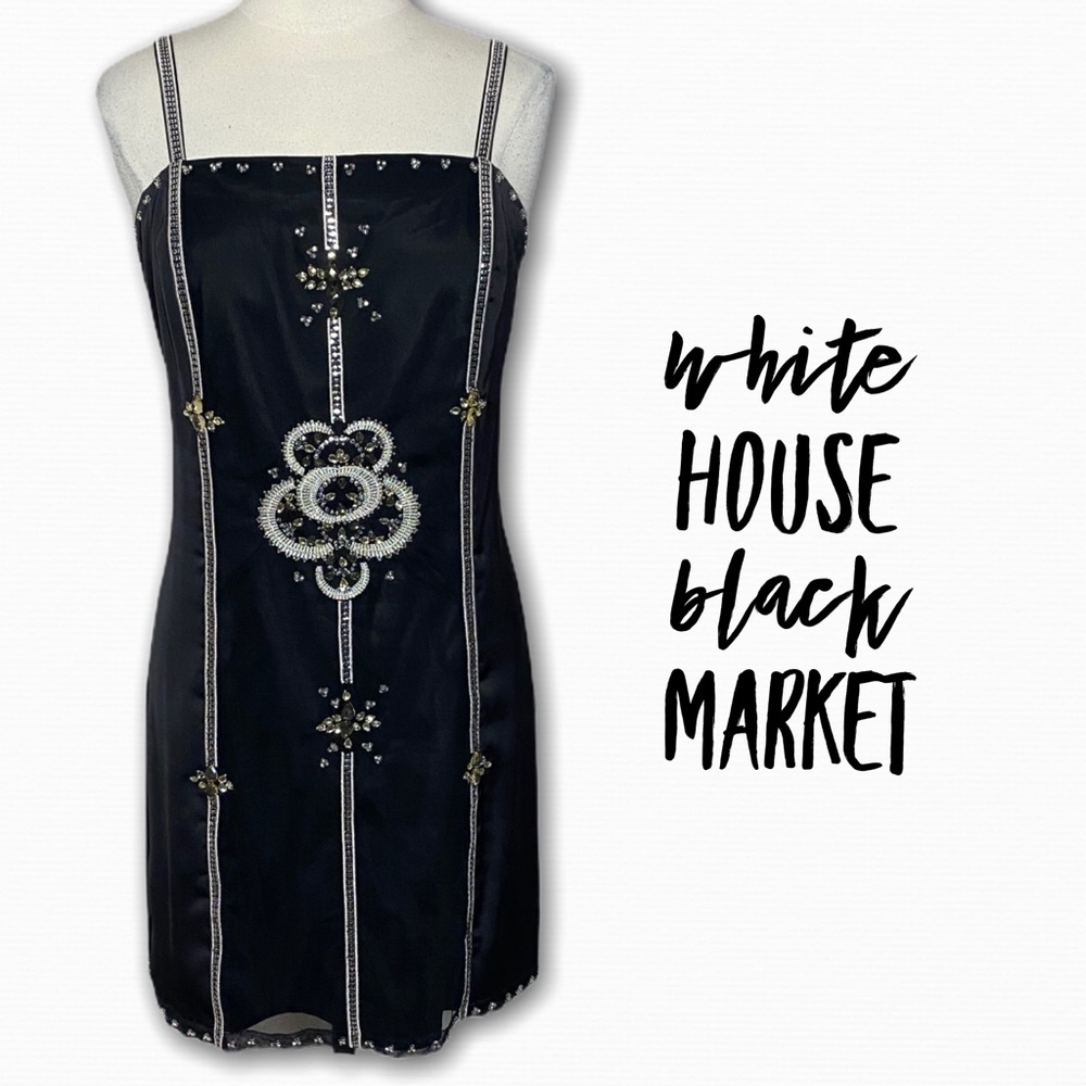 WHBM black dress with art deco mesh overlay